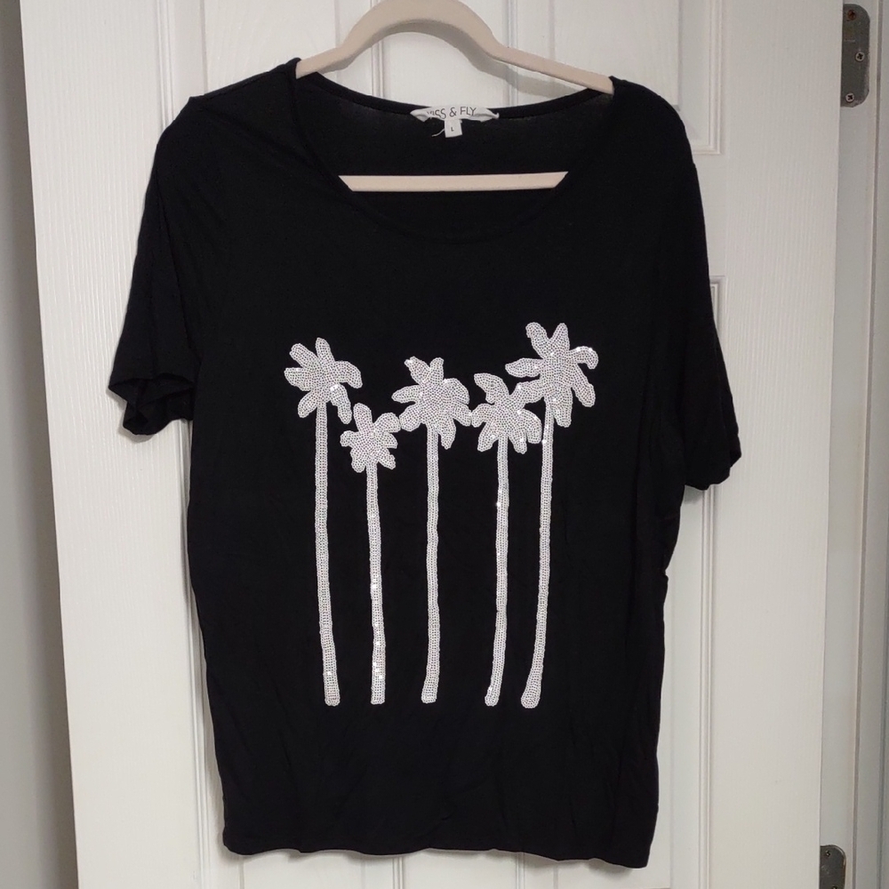 Black Short Sleeve Tee with Silver Sequin Palm Trees